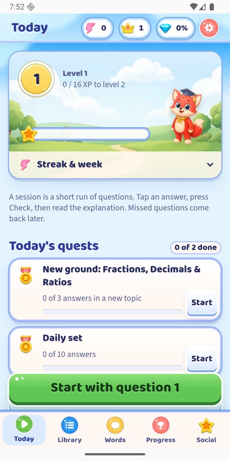 Today screen with the daily quests and streak
